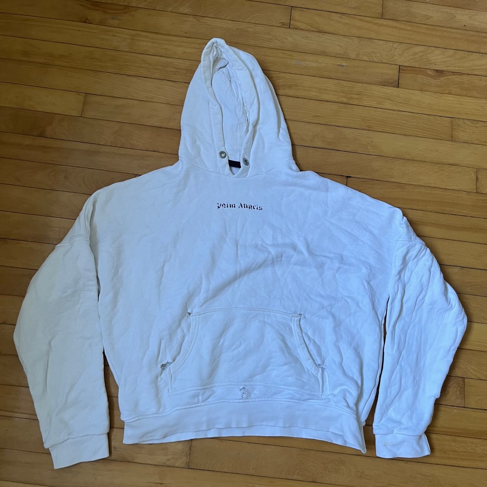 Palm Angels Distressed Logo Hoodie White Boxy Streetwear Sweatshirt